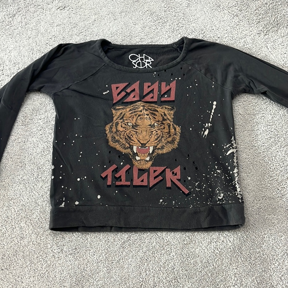 Chaser grey sweatshirt with splatter paint and distressed holes, size Small